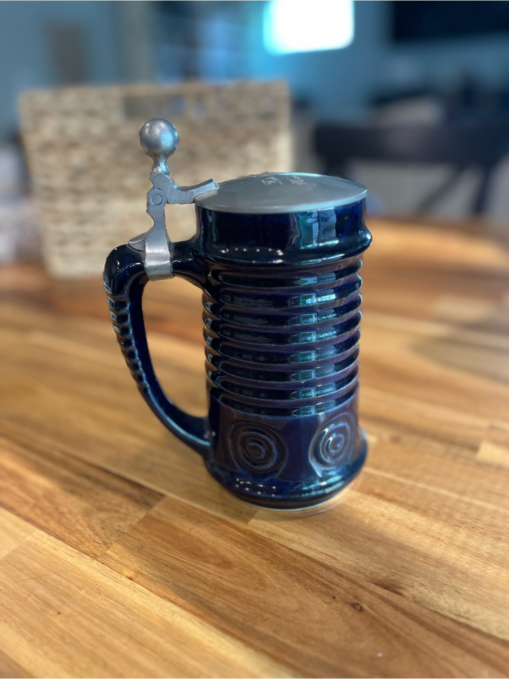 Blue Ceramic Beer Stein with Pewter Lid